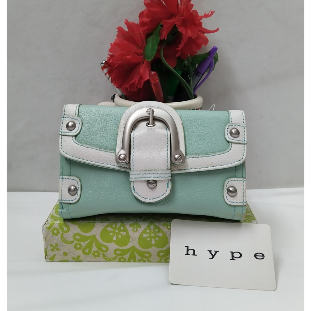 Hype Seafoam Blue With White Trim Leather Buckle Credit Card Trifold Wallet